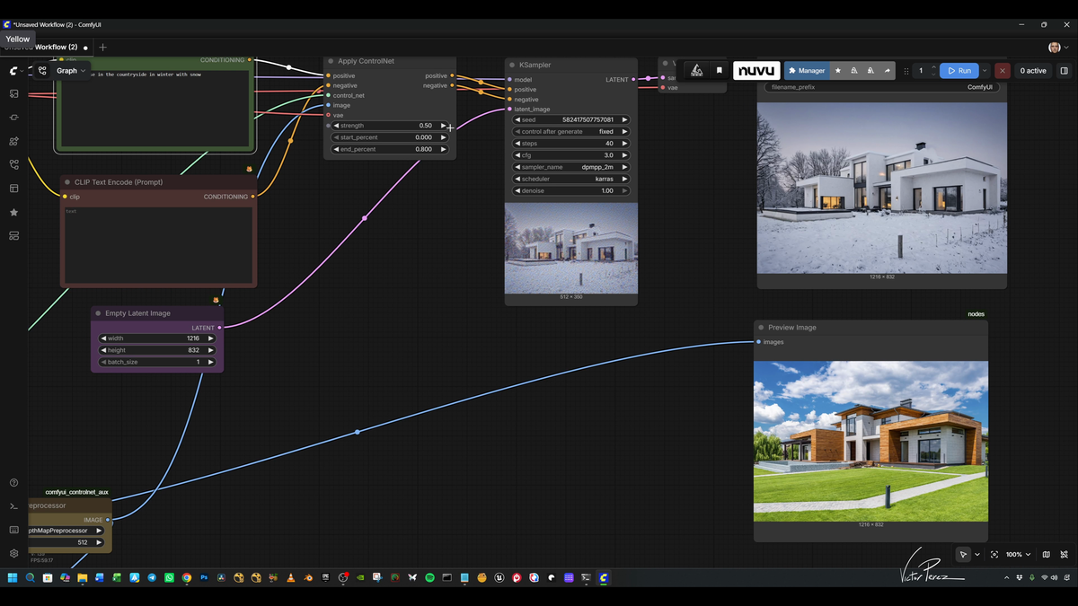 ComfyUI ControlNet node workflow comparing a modern house source image with a generated winter variation.