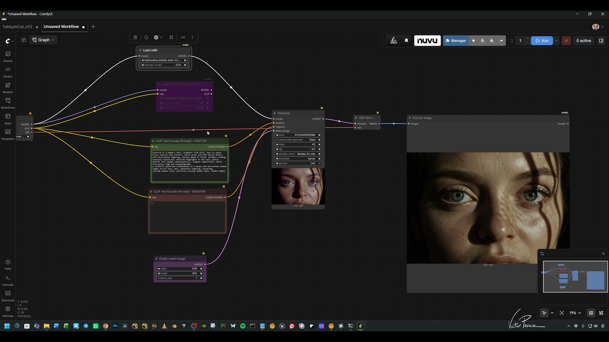 ComfyUI LoRA portrait workflow showing connected conditioning and sampling nodes beside a generated close-up portrait.