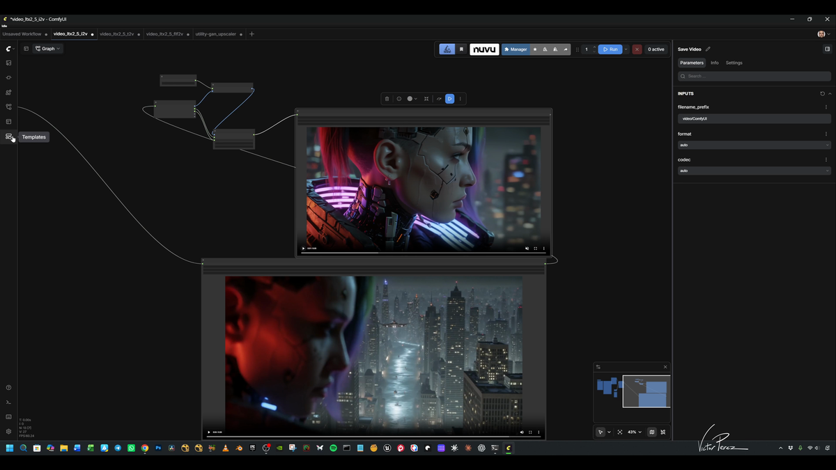 ComfyUI generative video workflow with connected nodes and two previews of a cyberpunk character against a city skyline.